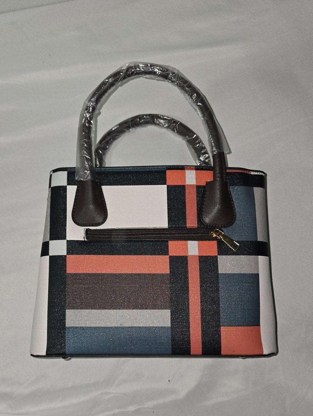 Structured Plaid Tote Handbag - White, Coral & Navy